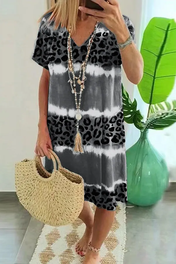 Colorblock Leopard Print V-Neck Dress