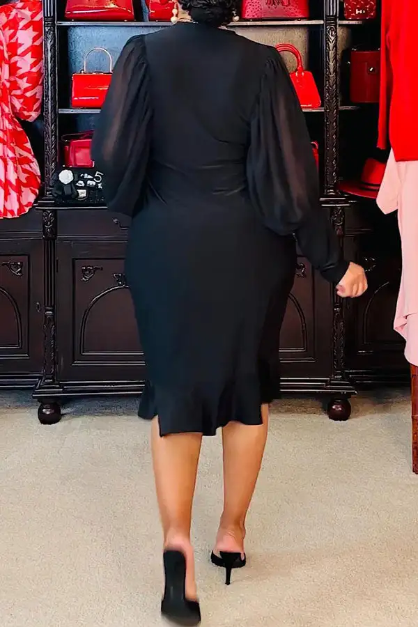 Puff Sleeve Simple Ruffle Hem Midi Dress