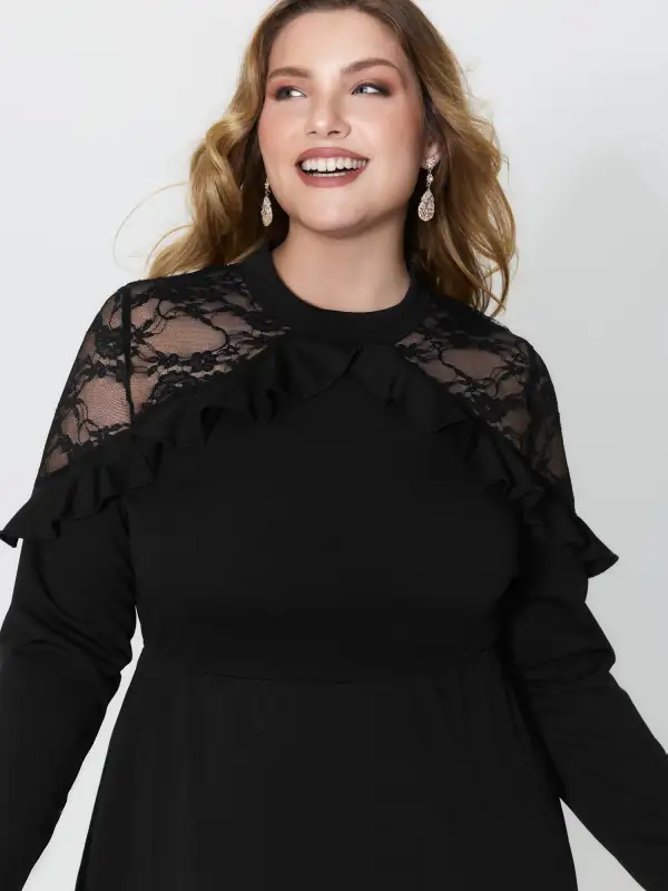 Lace Trim Ruffled Sheer Stretchy Party Dress