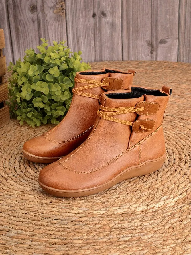 Vintage Women Casual Braided Strap Breathable Lether PU Flat Heel Classic Boots