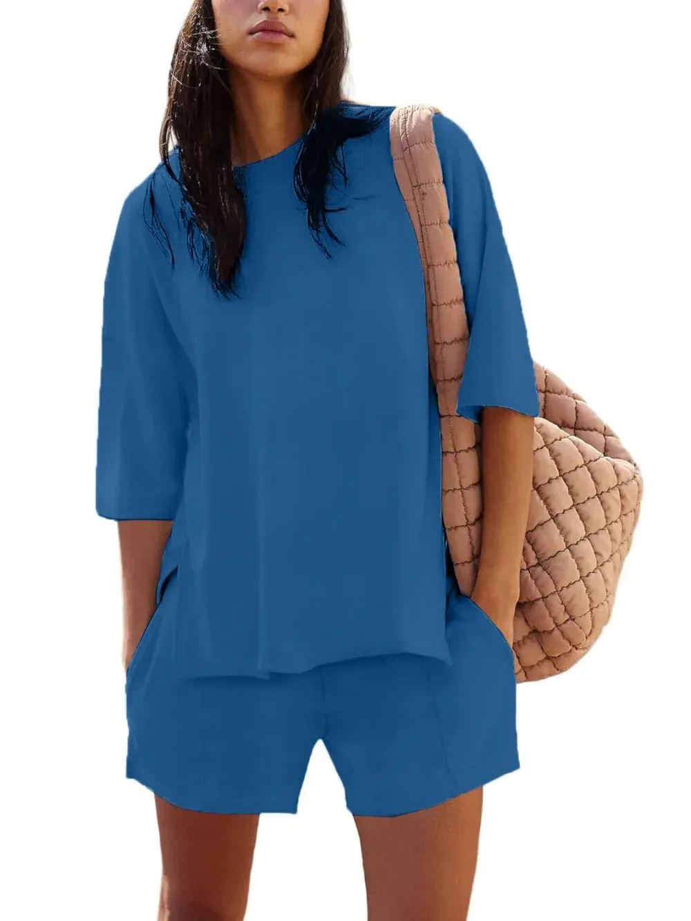 ✨2025 NEW Trendy Casual Solid Color Suit with Slit Top and Shorts