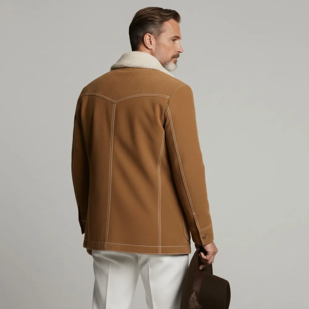 Men's Brown Plush Collar Long Sleeve Contrast Stitched Flap Pockets Button Suede Coat