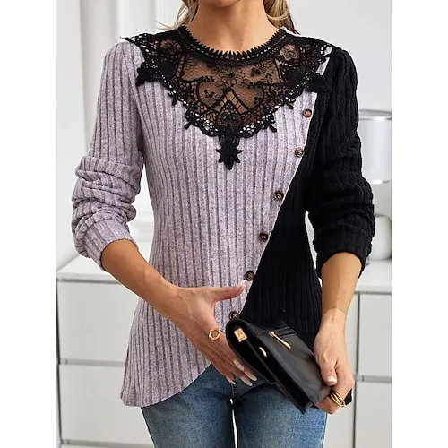 Women's Blouse Textured Ribbed Solid Color Eyelet Daily Elegant Stylish Puff Sleeve Long Sleeve
