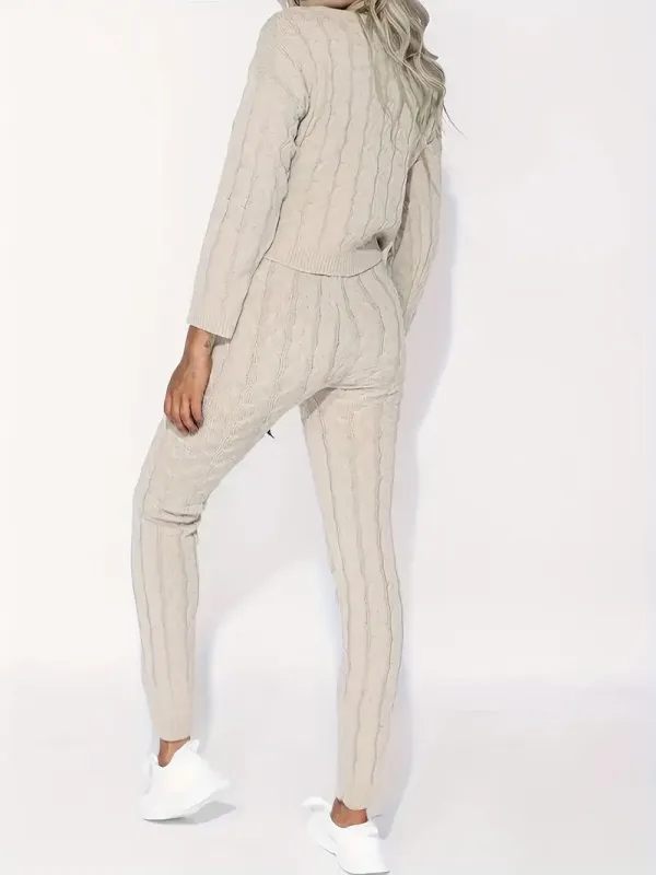 Solid Knitted Matching Two-piece Set, Casual Long Sleeve Sweater & Pants Outfits, Women's Clothing