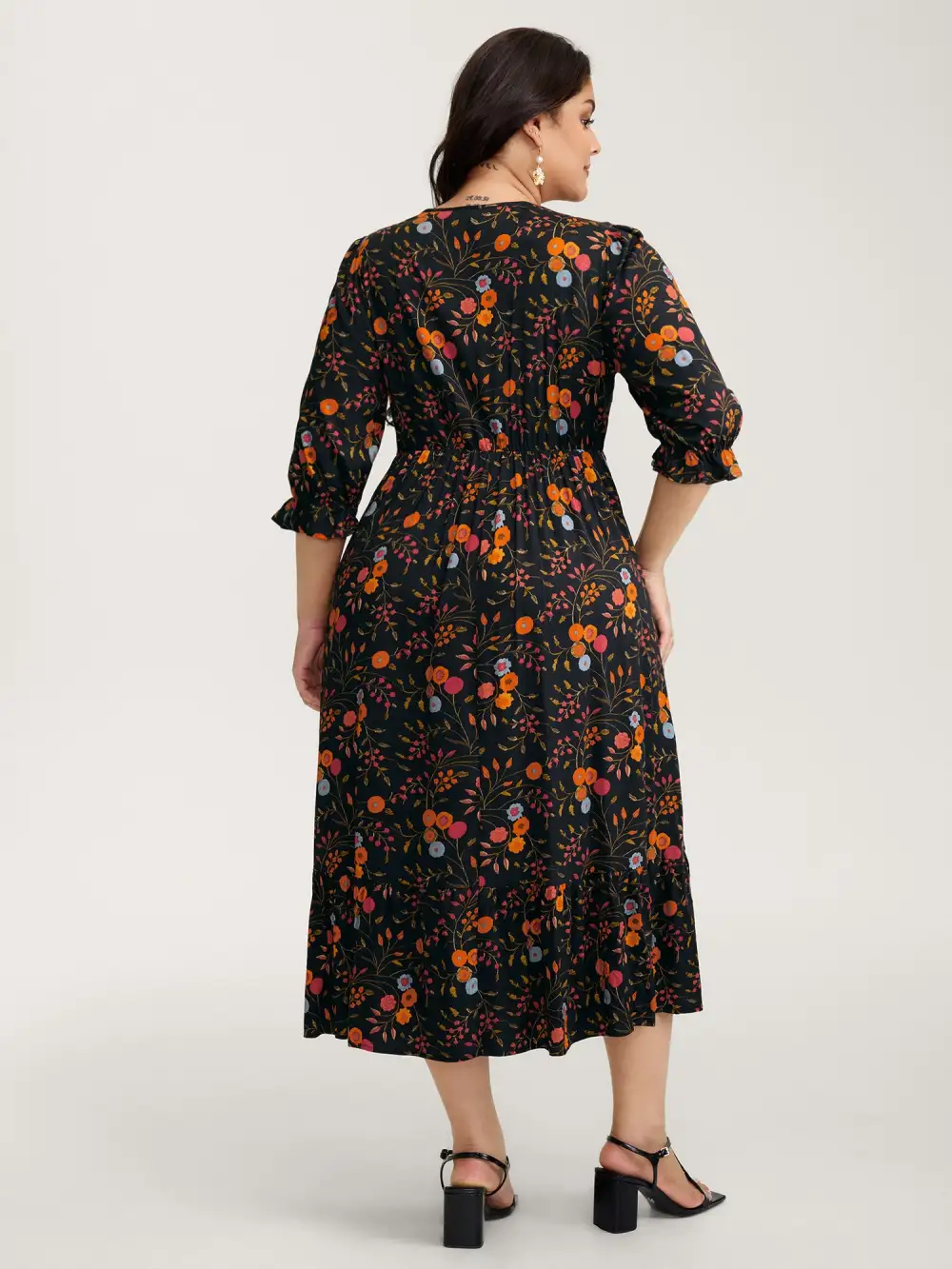 Floral Branch Print Lace Trim Maxi Dress