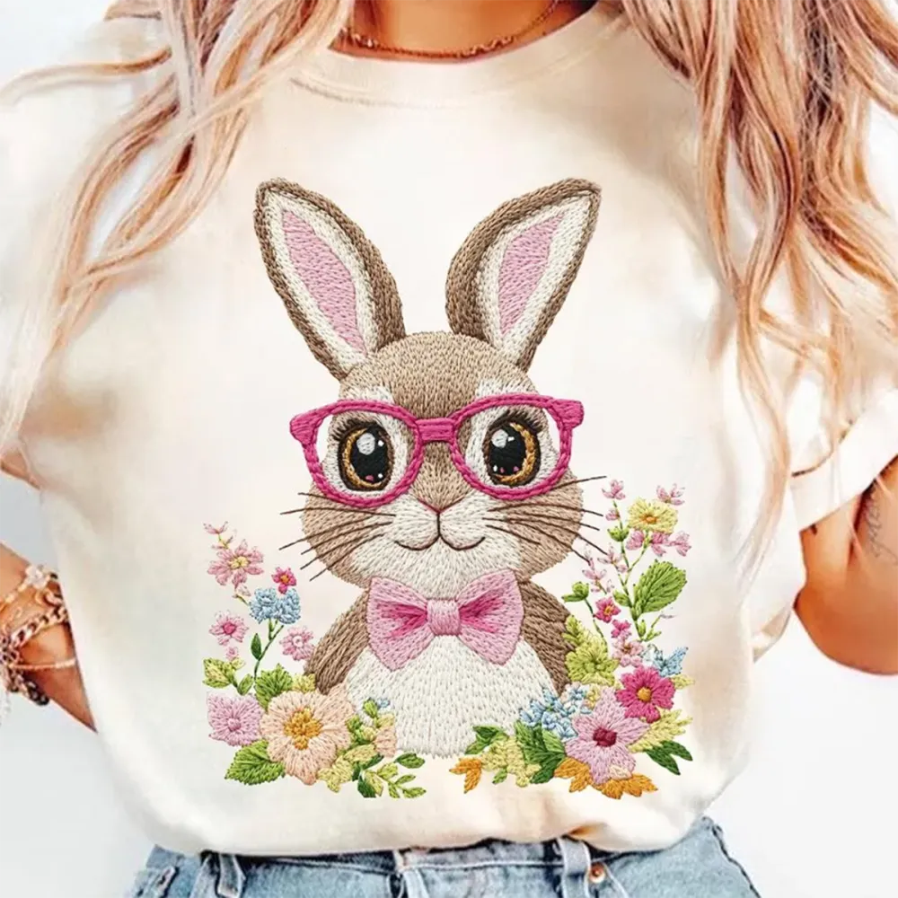 Easter Floral Bunny Printed Round Neck Short Sleeve T-Shirt