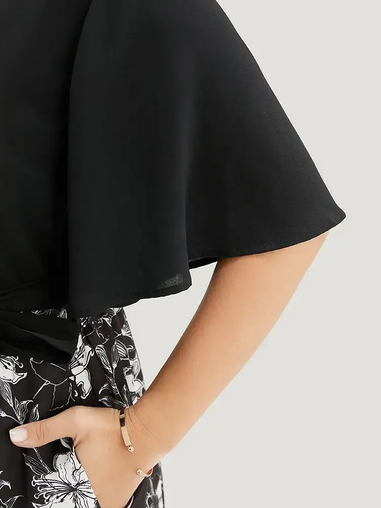 Floral Patchwork Pocket Belt Surplice Neck Ruffle Hem Dress