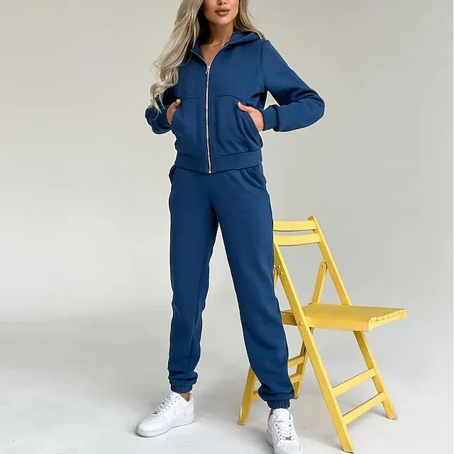 Women's Tracksuit Sweatsuit Pocket 2 Piece Solid Colored Hoodie and Pants Outfit Set Clothing Suit Fall Black White Jogging Training Exercise Thermal Warm Soft Moisture Wicking Long Sleeve Sport