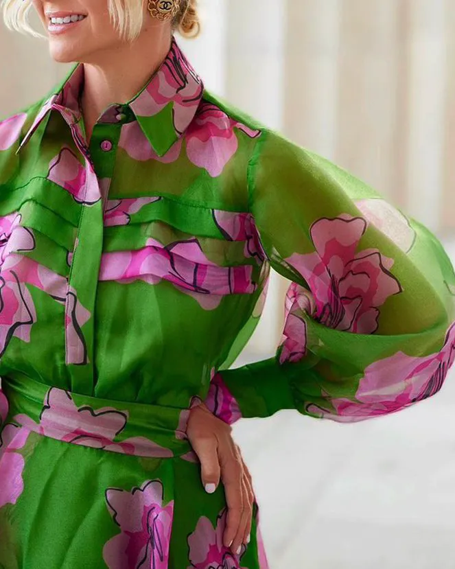 Vacation Shirt Collar Floral Dress