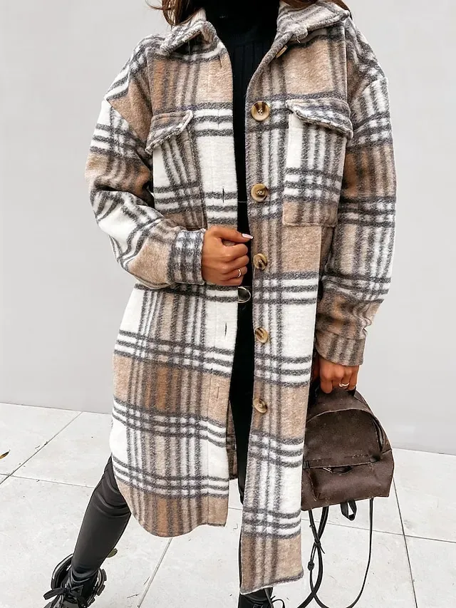 Women's Wool Blend Coat Winter Plaid Shacket Jacket Fall Long Pea Coat with Pockets Single Breasted Over Coat Trench Coat Gray Khaki Brown Modern Street S M L XL XXL / Winter