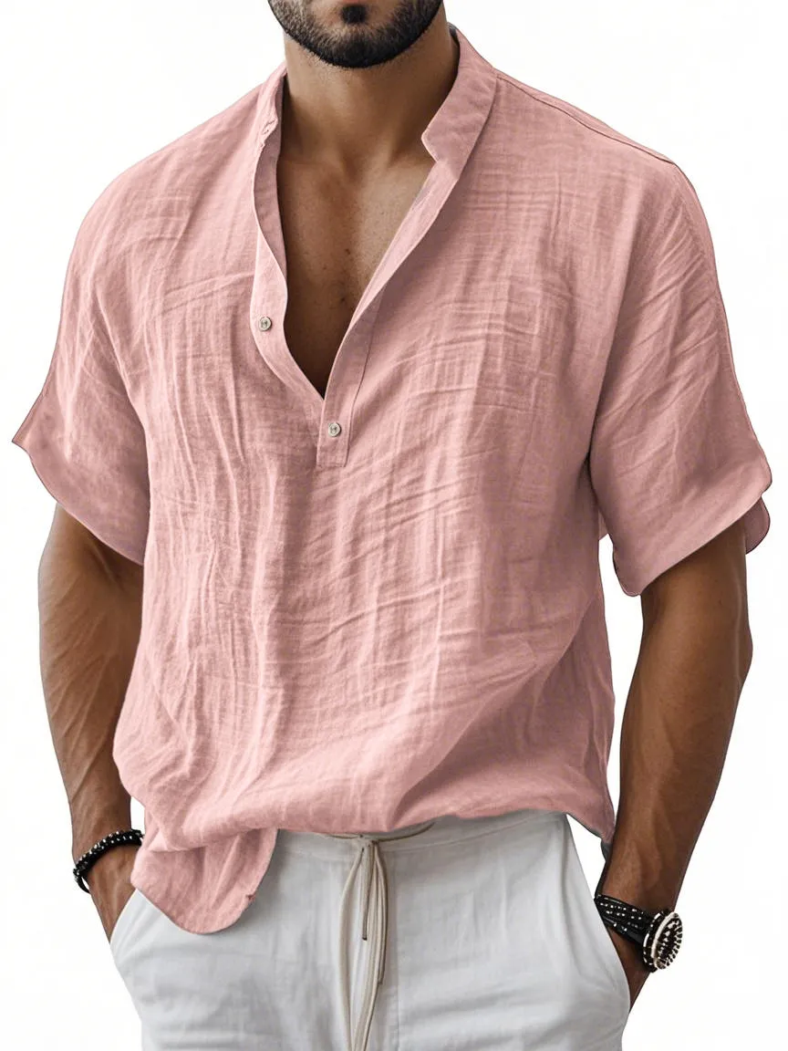 Men's Breathable Linen Henley Button Short Sleeve T-Shirt Henley Shirt