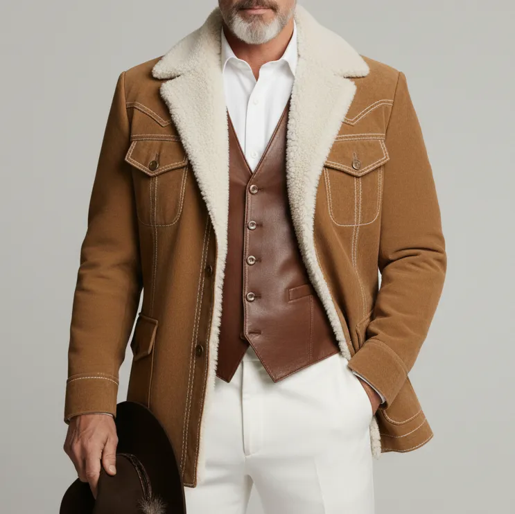 Men's Brown Plush Collar Long Sleeve Contrast Stitched Flap Pockets Button Suede Coat