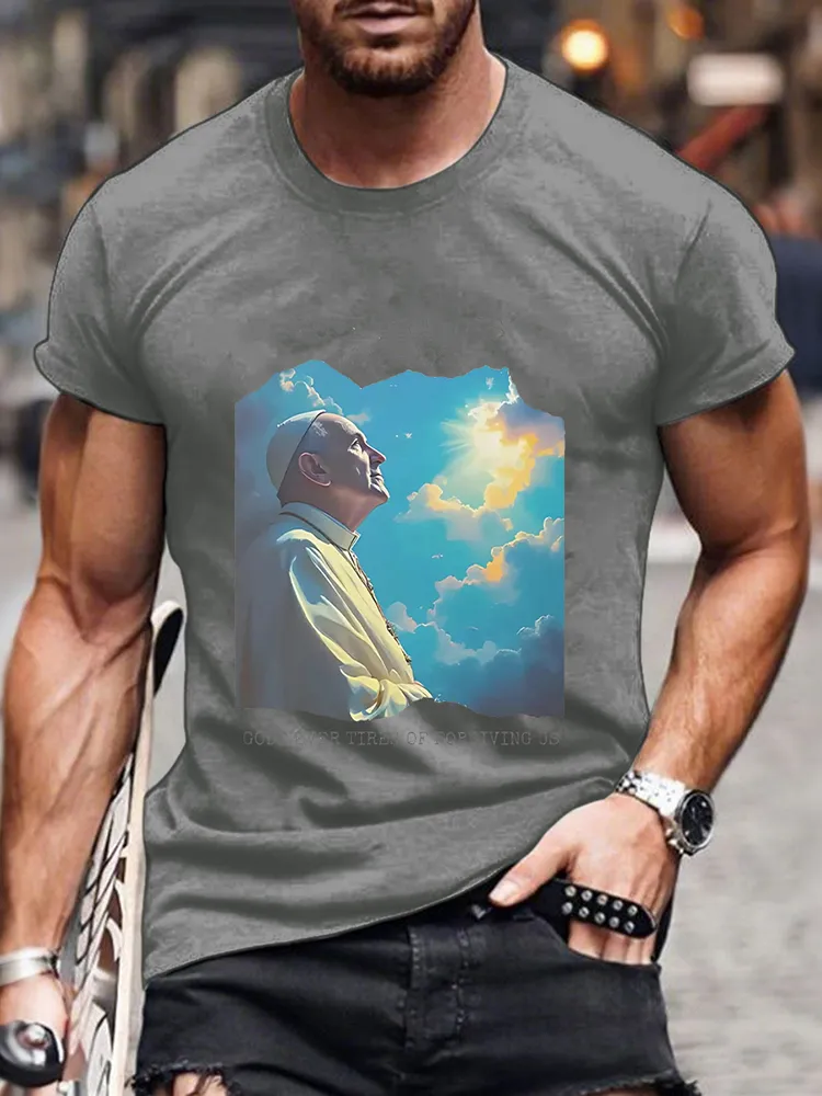 Men's Rip 1936-2025 God Never Tires Of Forgiving Us Print Short Sleeve Round Neck Cotton T-Shirt