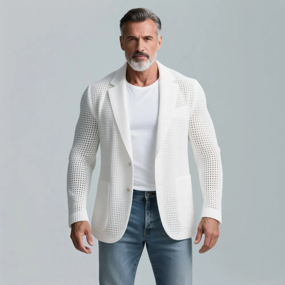 Men's Daily Knit Hollow Out Notch Lapel Two Button Pocket Long Sleeve Blazer