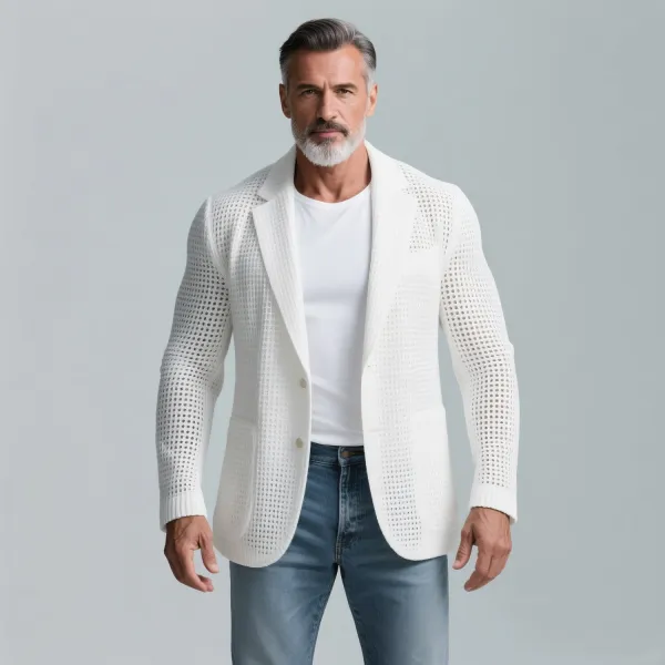 Men's Daily Knit Hollow Out Notch Lapel Two Button Pocket Long Sleeve Blazer