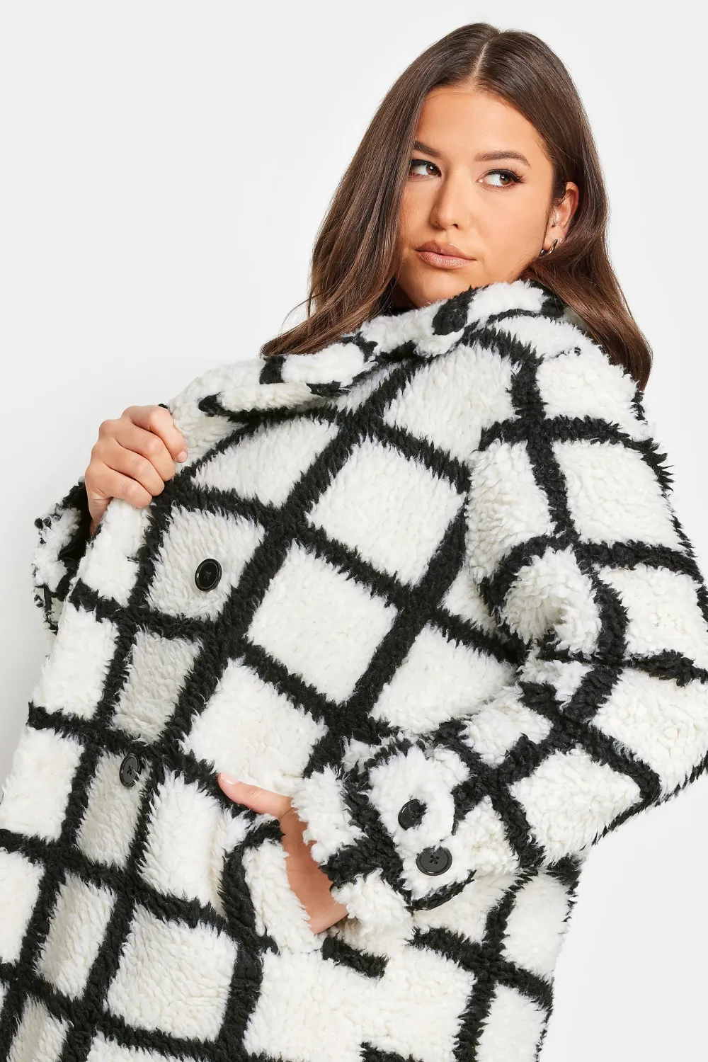 YOURS Curve White & Black Check Teddy Maxi Coat