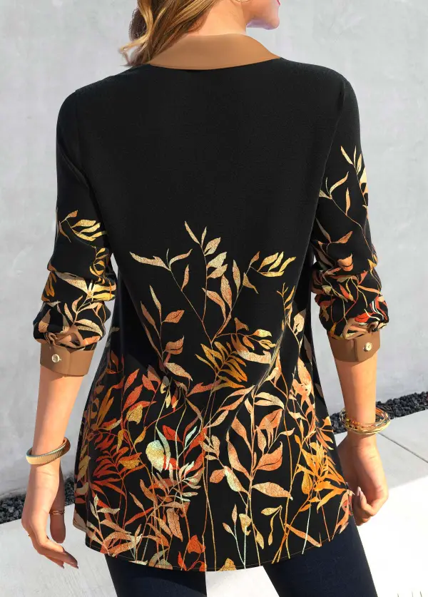 Black Fake 2in1 Leaf Print Long Sleeve Blouse