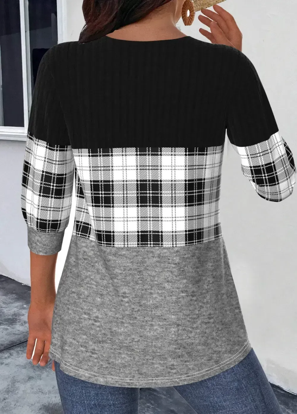 Black Patchwork Plaid 3/4 Sleeve Round Neck Light Cardigan