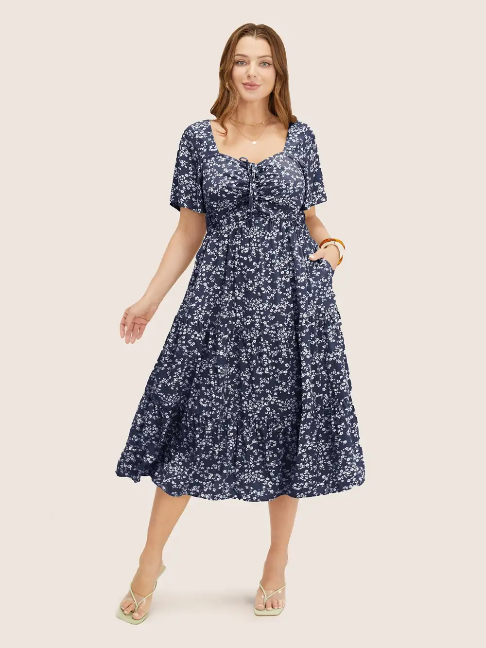 Ditsy Floral Sweetheart Drawstring Pocket Tiered Dress