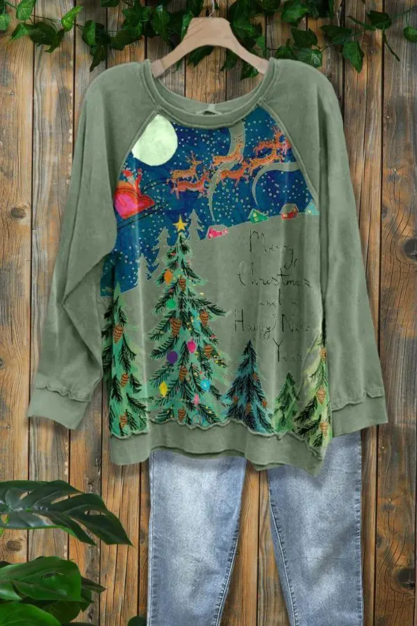 Casual Christmas Tree Elk Print Sweatshirt