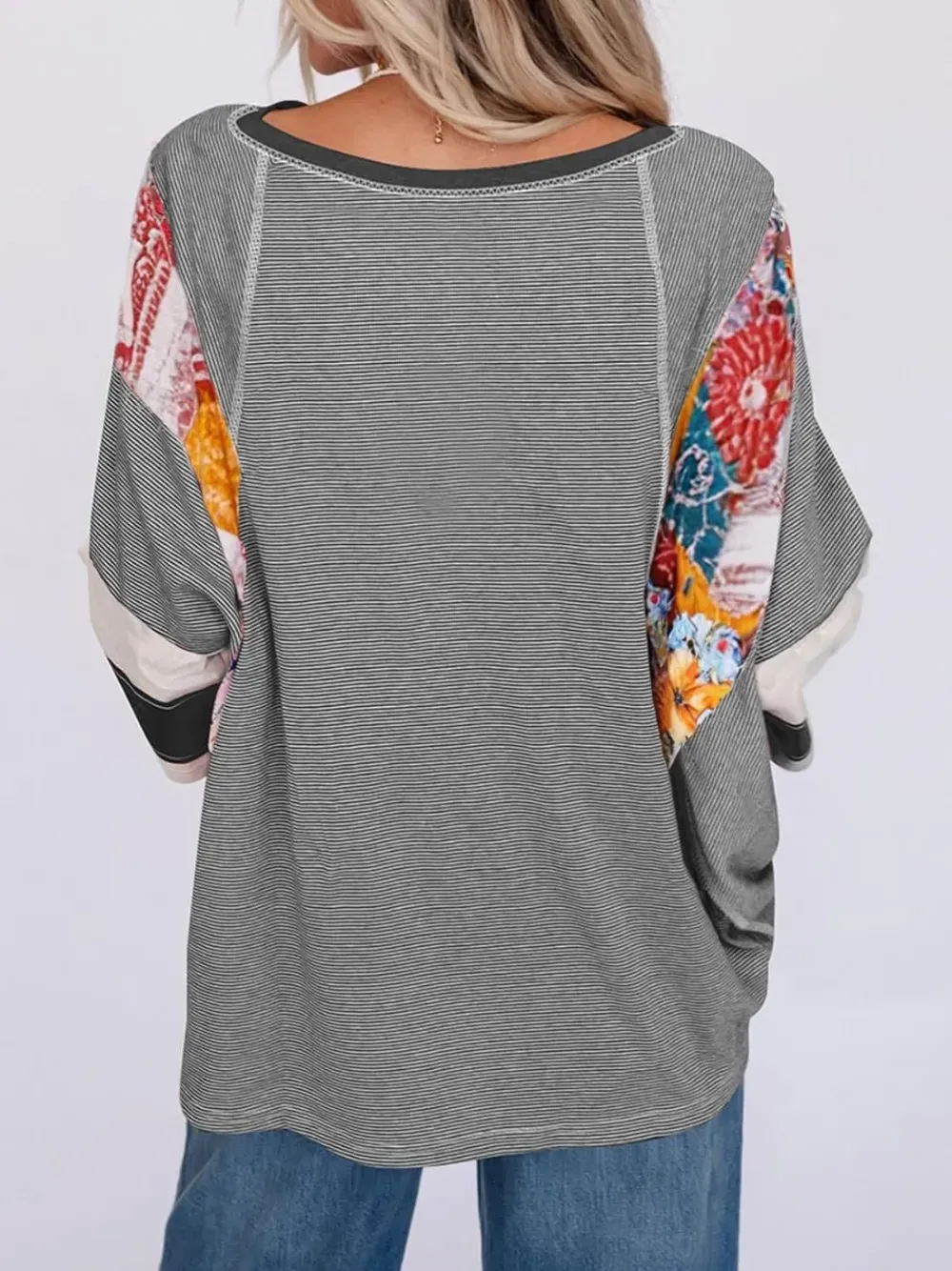 ✨Women's Casual Striped Floral Print Patchwork Oversized 3/4 Sleeve Top