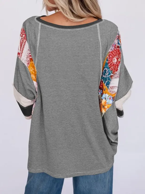 ✨Women's Casual Striped Floral Print Patchwork Oversized 3/4 Sleeve Top