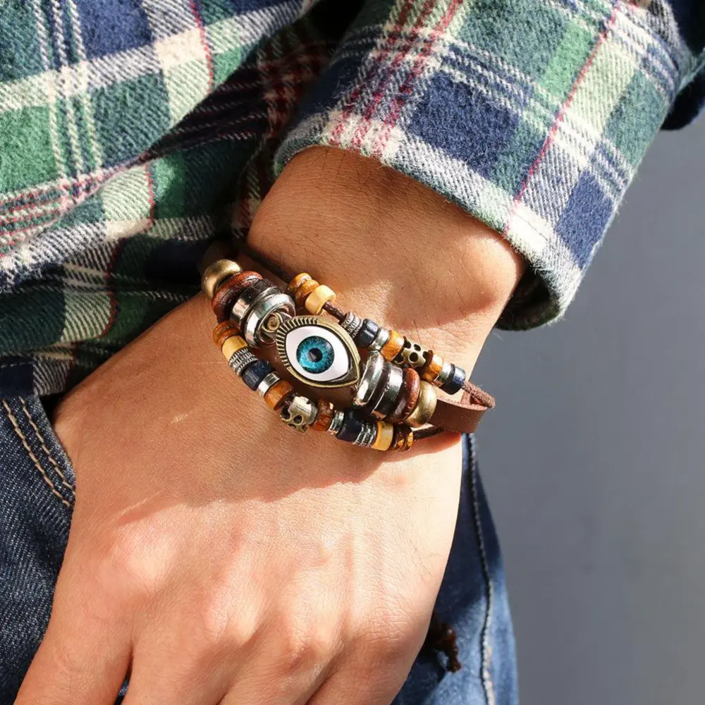 Turquoise Blue Eyes Men's Bracelet Punk Sunflower Handmade Leather Bracelet