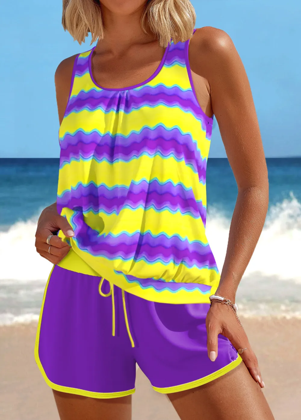 Patchwork Purple Wave Pattern Print Tankini Set