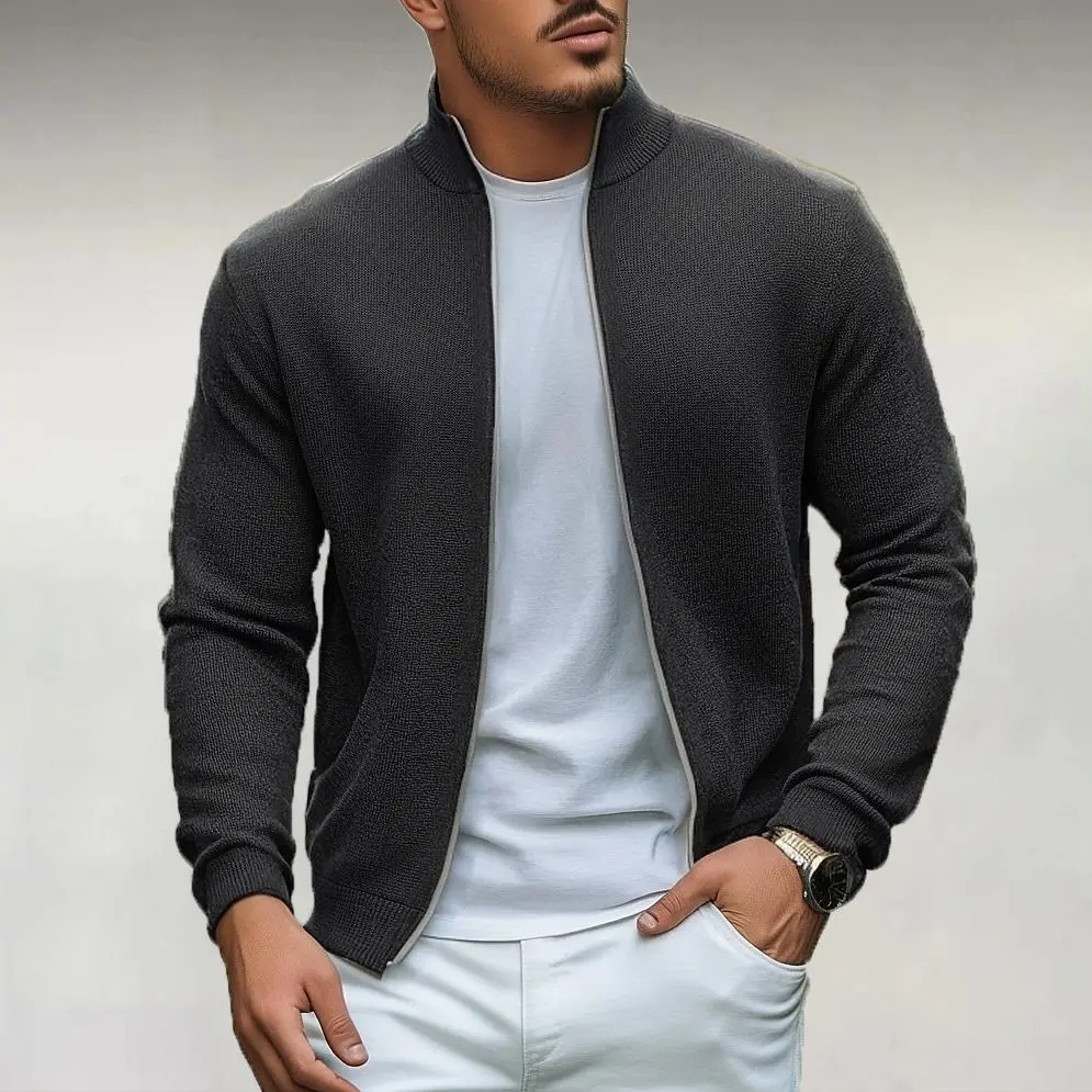 Men's Daily Stand Collar Slant Pocket Rib Knit Zipper Sweater Jacket