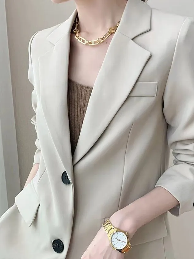Lapel Collar Long Sleeve Plain Buckle Regular Loose Blazer For Women