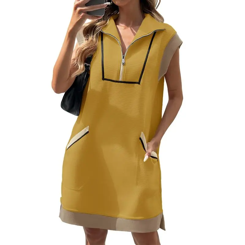 Women's Casual Sleeveless Zip Mini Dress – Contrast Cap Sleeve Sweatshirt Style