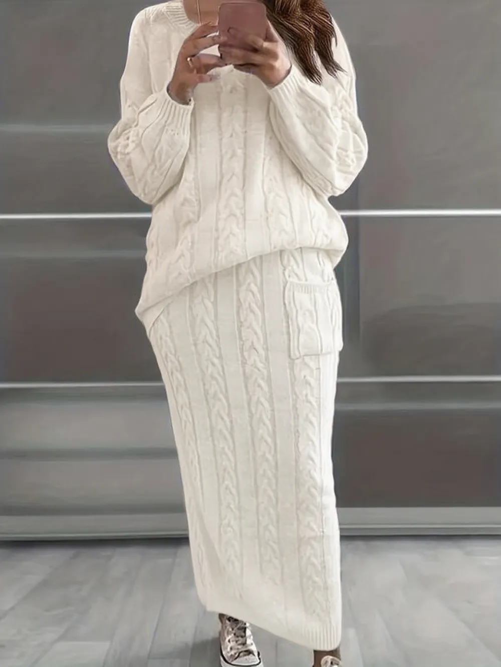 Women's Cable Knit Sweater & Pocket Skirt Set – Casual Long Sleeve Round Neck Jumper & Long Skirt for Fall