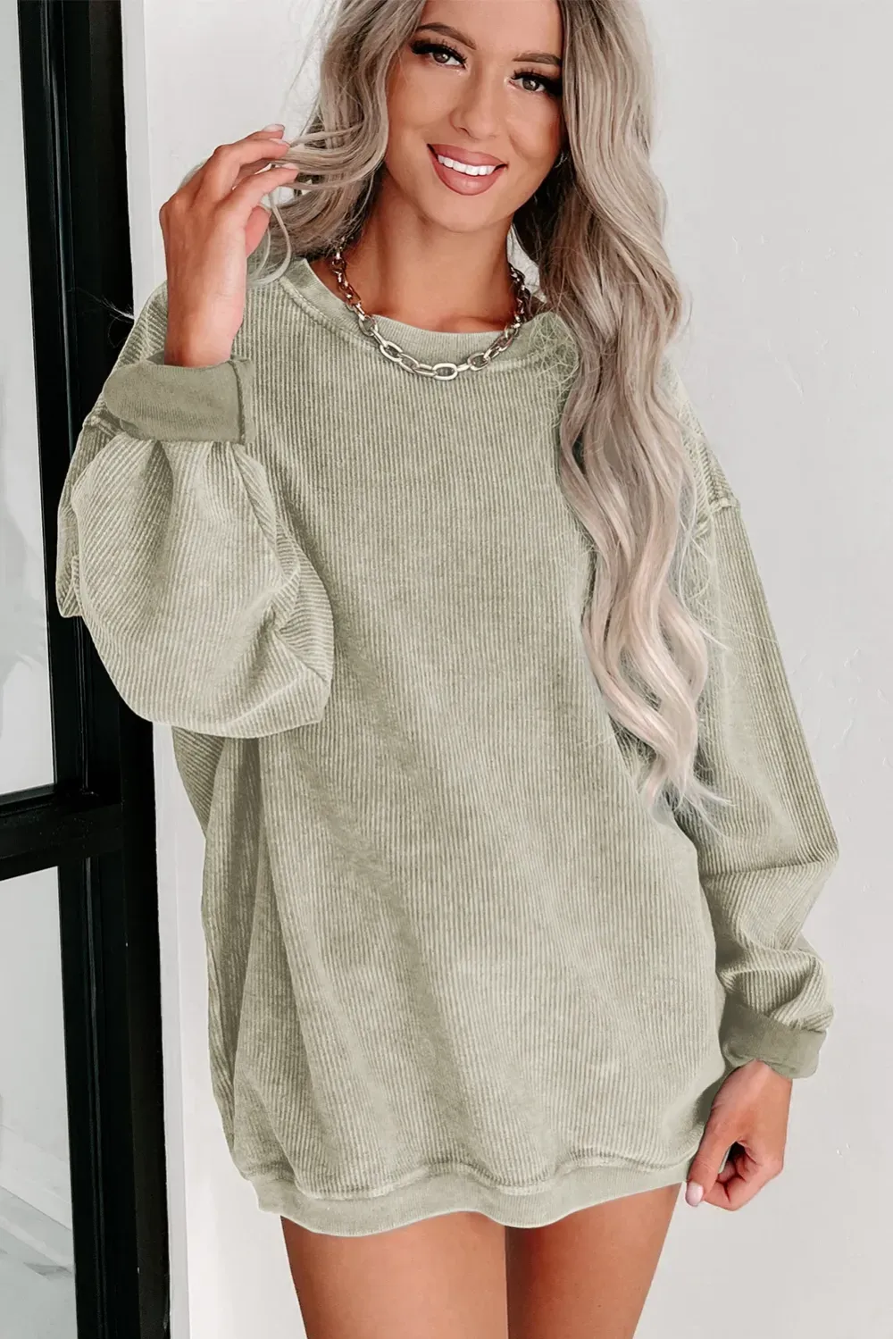 ✨ Women's Solid Color Ribbed Knit Round Neck Pullover Sweatshirt