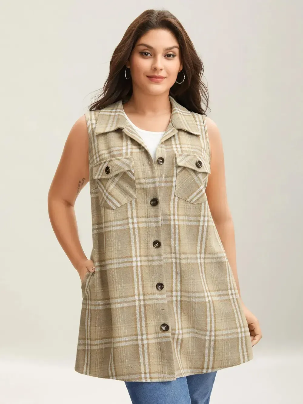 Plaid Flap Detail Sleeveless Jacket