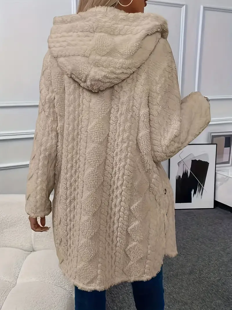 Luxurious Faux Fur Teddy Coat - Elegant Long Sleeve Split Side Hooded Outwear for Women - Soft, Warm, and Chic Winter Clothing