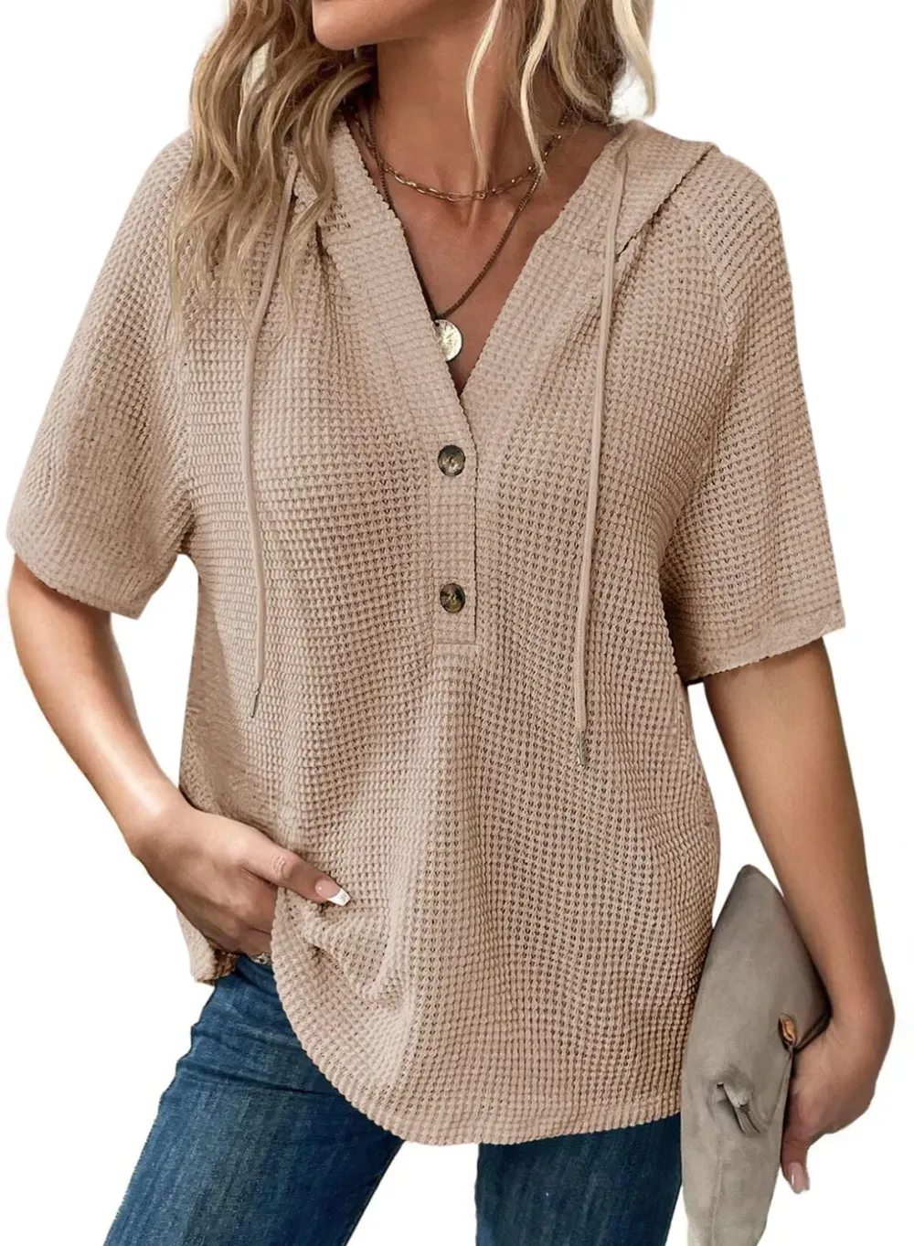 ✨Women's Waffle Knit Button V Neck Short Sleeve Lightweight Drawstring Hoodies(BUY 2 10% off)