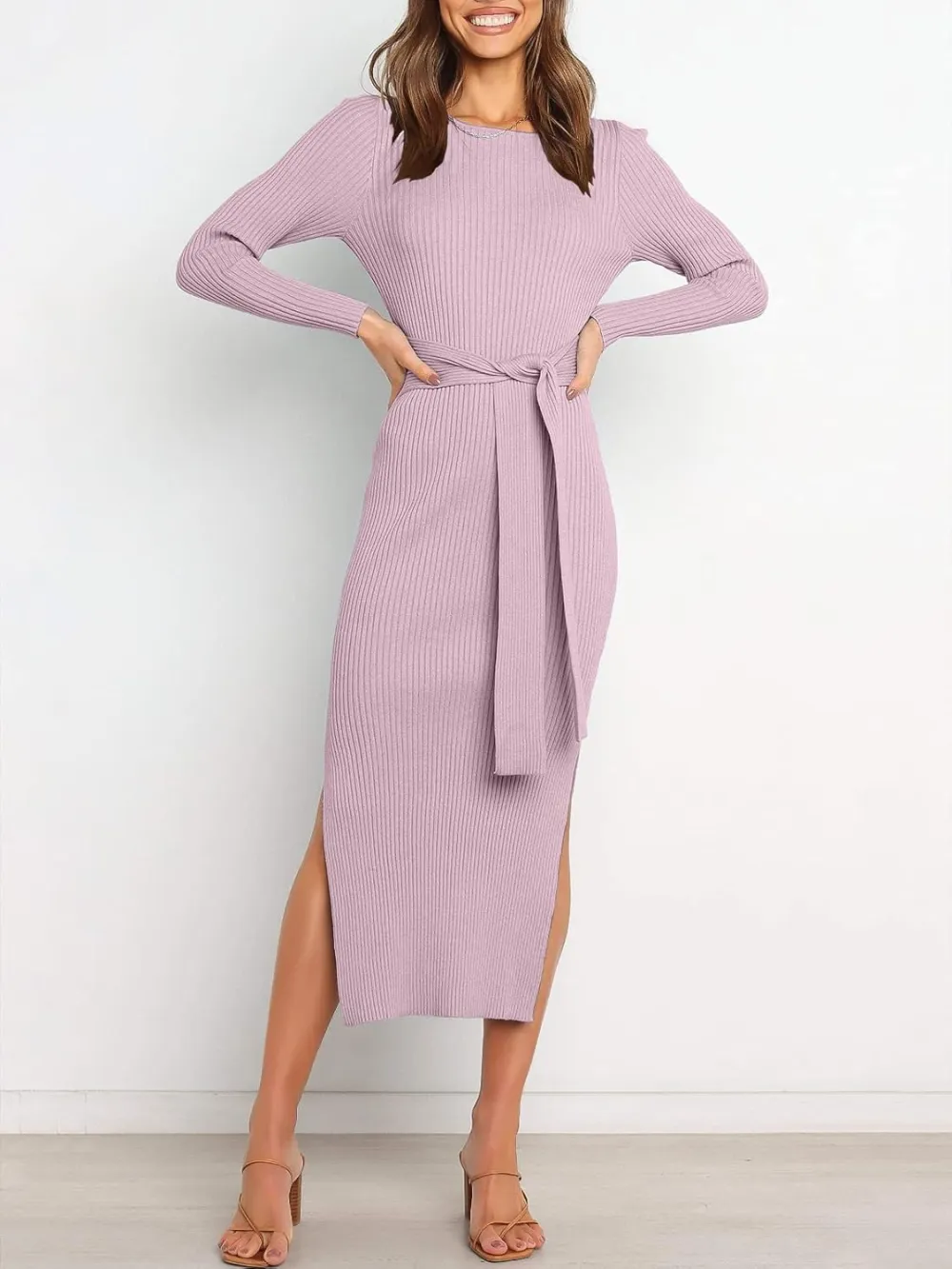 Long Sleeve Sweater Dress Crew Neck Slim Fit Slit Tie Waist 2024 Ribbed Knit Bodycon Midi Dress Fall Outfits