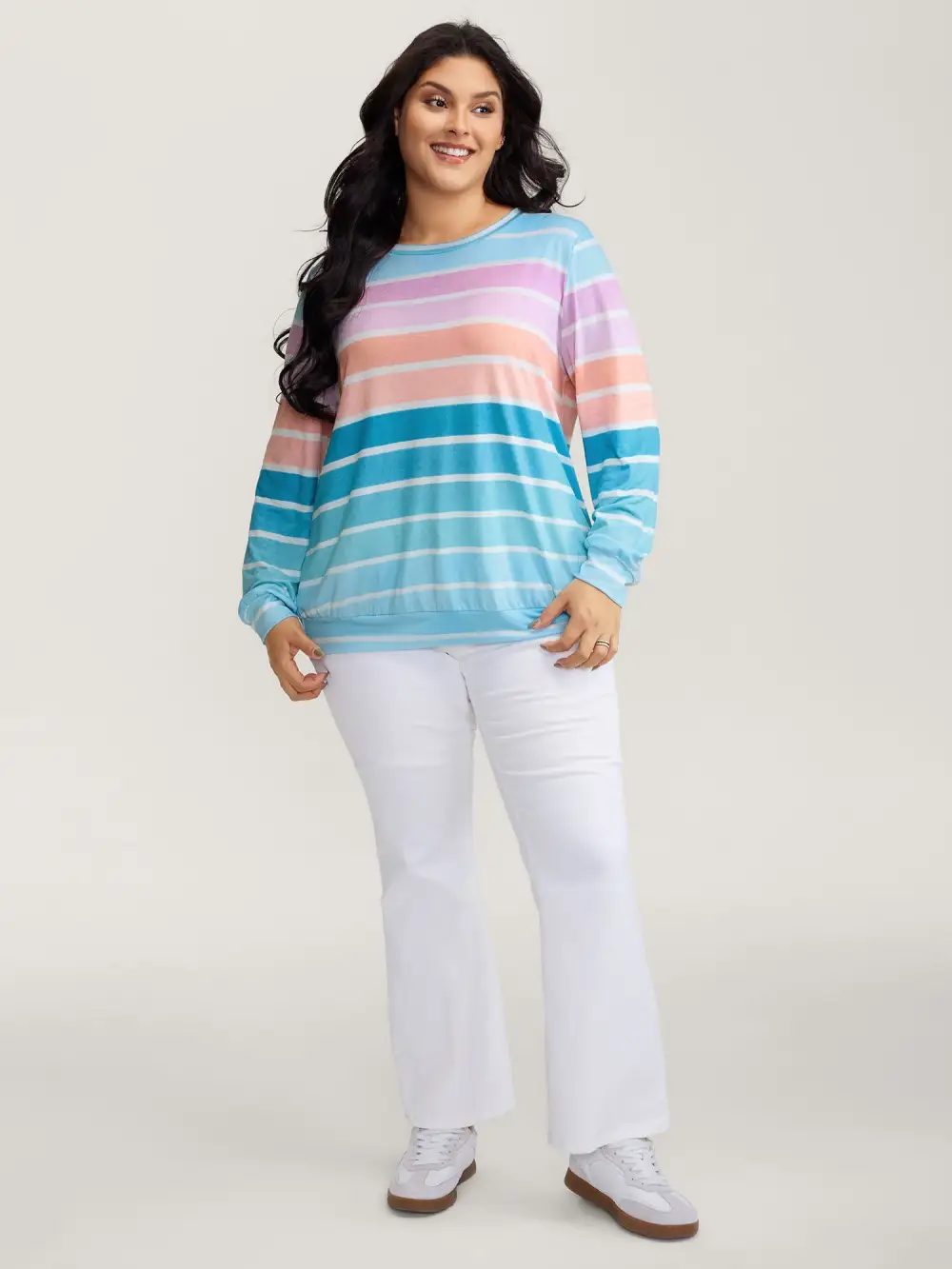 Colorful Stripe Relaxed-Fit Stretchy Hem T-Shirt