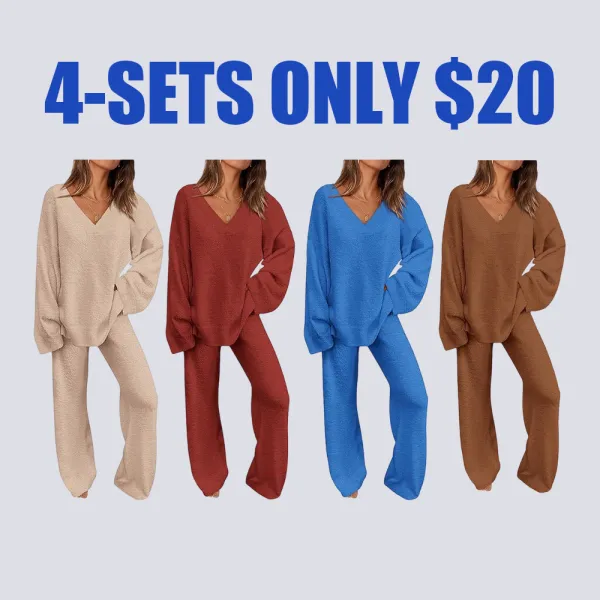 Women's 2-Piece Lounge Set – V Neck Top & Wide Leg Pants