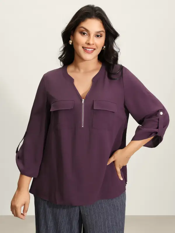 Half Zipper Tab Sleeve Blouse