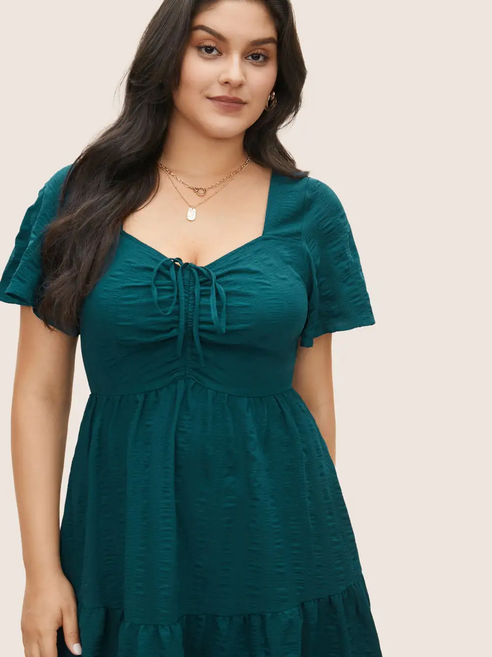 Plain Ruched Drawstring Pocket Ruffle Tiered Dress