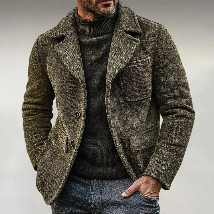 Men's Retro Army Green Tweed Single Breasted Notch Lapel Chest Pocket Long Sleeve Jacket