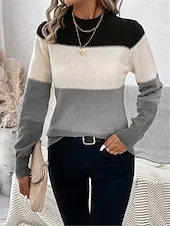 Women's Sweater Pullover Sweater Jumper Casual Soft Striped Ribbed Crew Neck Knitted Long Sleeve Regular Tops Knit Outdoor Daily Weekend Camel Apricot Fall Winter