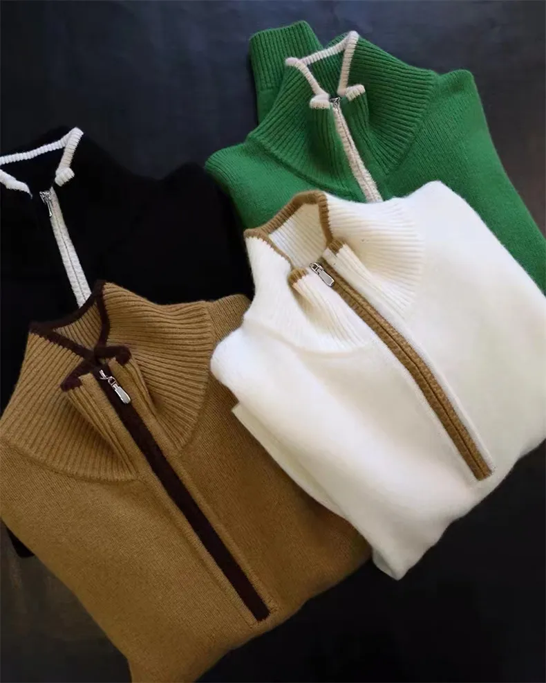 Stand Collar Zip Colorblock Loose Fashion Sweater