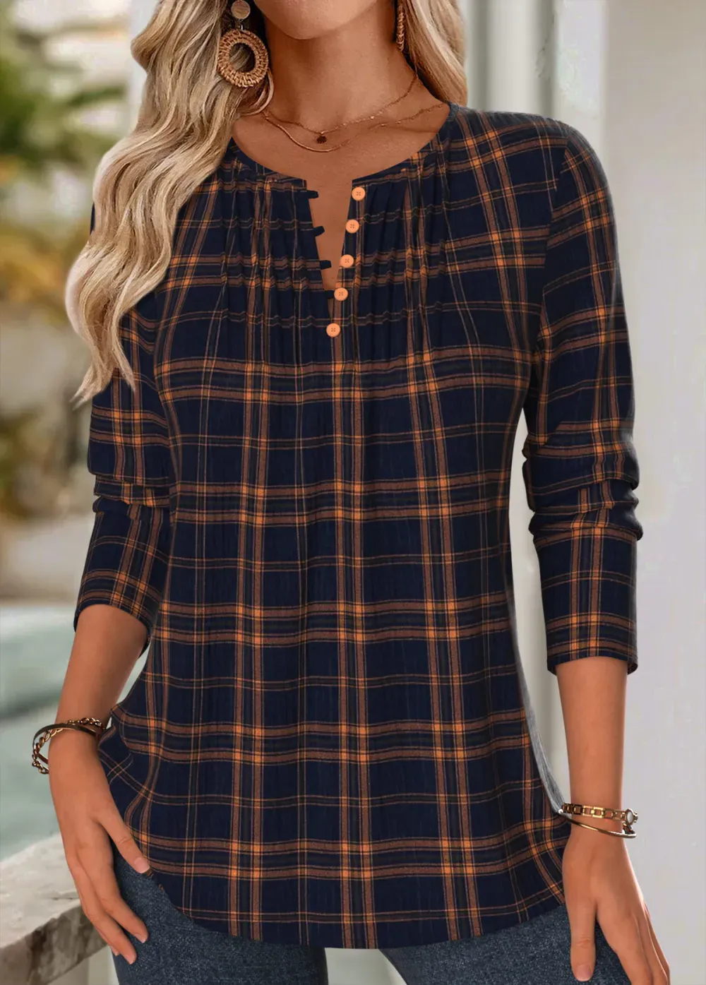Navy Tuck Stitch Plaid Long Sleeve Split Neck Blouse