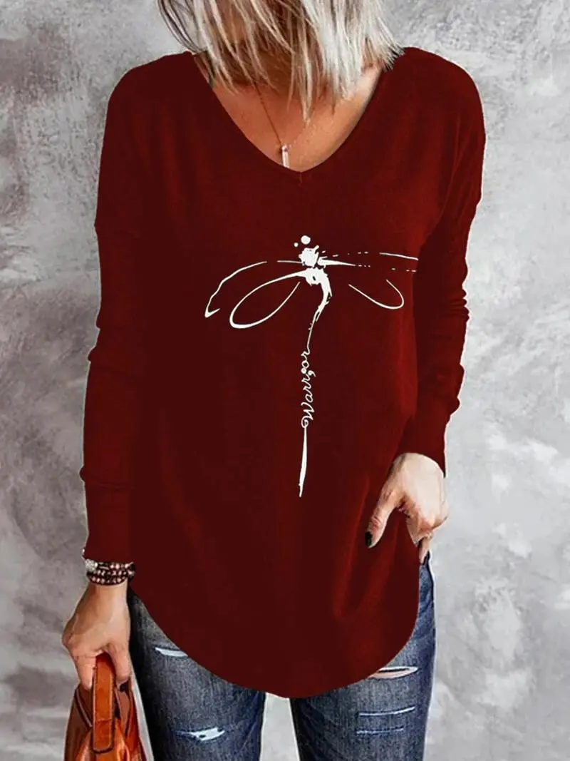 Women's T-Shirts V-Neck Dragonfly Print Long Sleeve T-Shirt（⚡Clearance Sale）