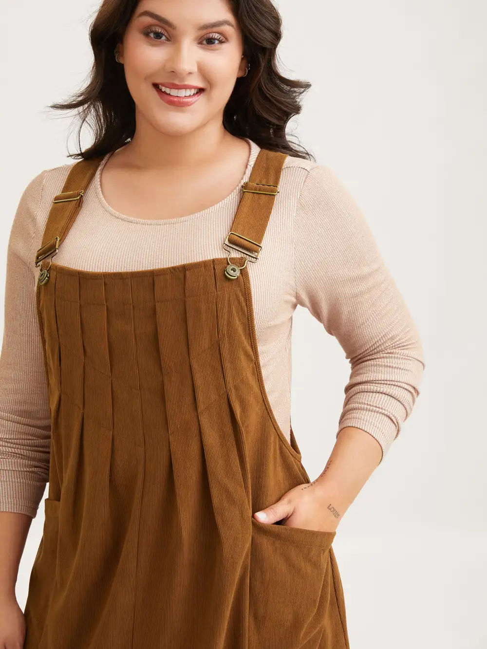 Solid Corduroy Pleated Overall Dress