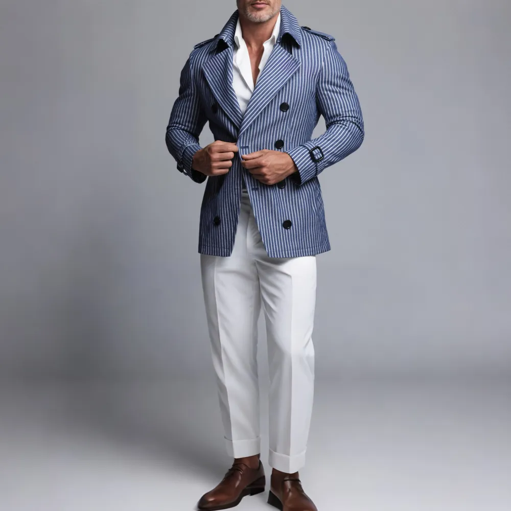 Men's Lapel Collar Double Breasted Blue And White Striped Trench Coat