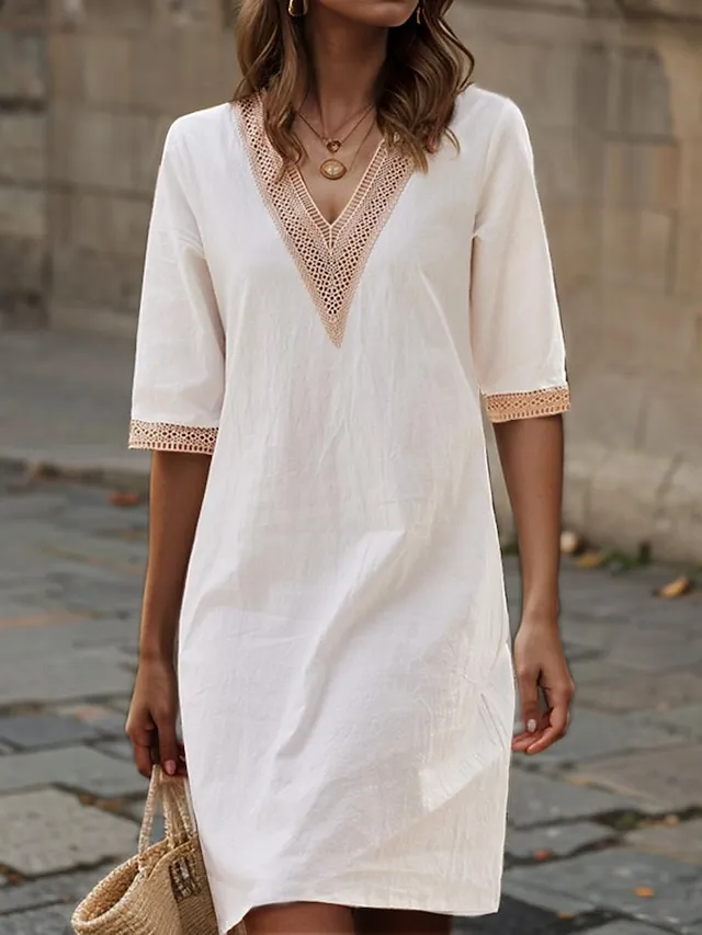 Women's Cotton Linen Shift Midi Dress V Neck Half Sleeve Patchwork Regular Fit Casual Outdoor Vacation Summer Spring White Khaki Gray Plain