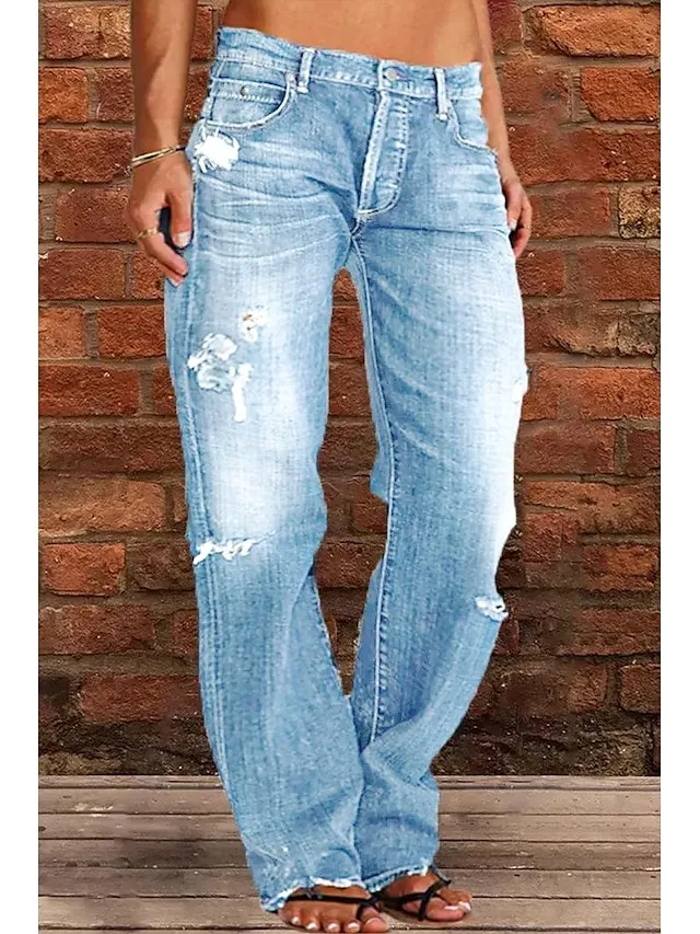Women‘s Moms Jeans Low Rise Distressed Straight Full Length Denim Pocket Ripped Low Rise Casual Lounge Casual Daily Black Navy Blue S M